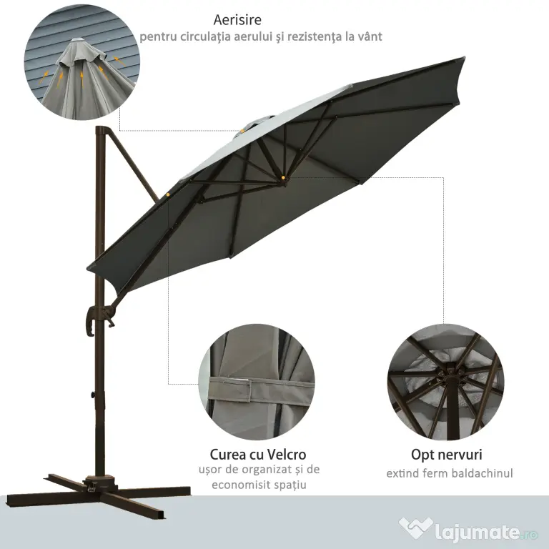 Outsunny Umbrel de Gradină cu Manivelă cu Înclinare Reglabilă, Umbrelă cu Braț și Stinghii, Ø2.95x2.5 m, Gri