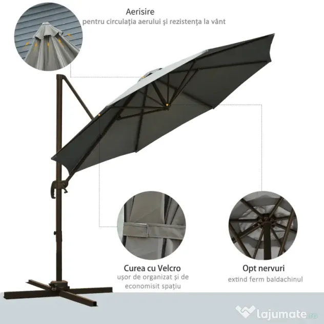 Outsunny Umbrel de Gradină cu Manivelă cu Înclinare Reglabilă, Umbrelă cu Braț și Stinghii, Ø2.95x2.5 m, Gri