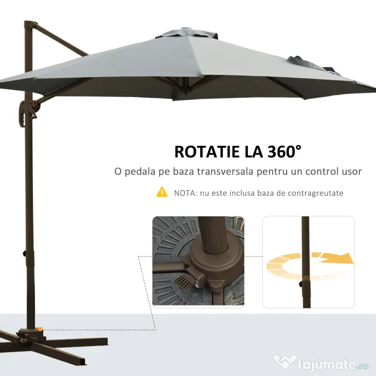 Outsunny Umbrel de Gradină cu Manivelă cu Înclinare Reglabilă, Umbrelă cu Braț și Stinghii, Ø2.95x2.5 m, Gri