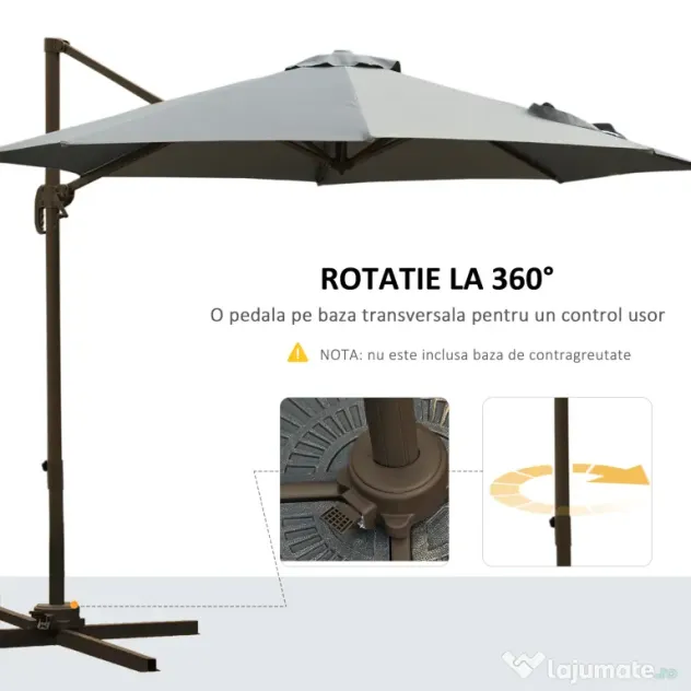 Outsunny Umbrel de Gradină cu Manivelă cu Înclinare Reglabilă, Umbrelă cu Braț și Stinghii, Ø2.95x2.5 m, Gri