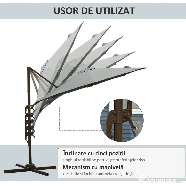 Outsunny Umbrel de Gradină cu Manivelă cu Înclinare Reglabilă, Umbrelă cu Braț și Stinghii, Ø2.95x2.5 m, Gri
