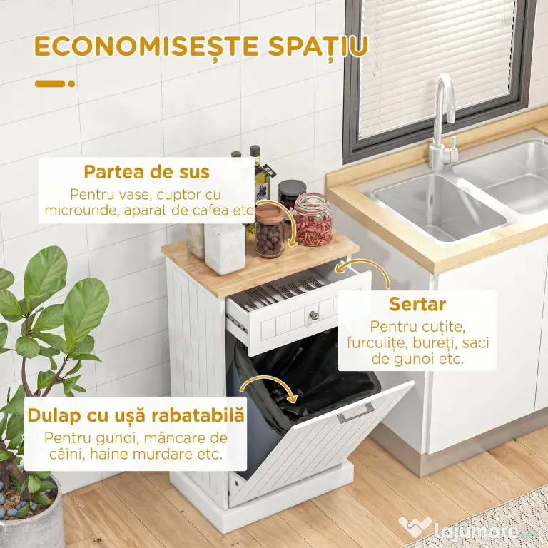 HOMCOM Bufet de Bucătărie, Dulap cu Suport pentru Coș de Gunoi 38L, Sertar, Alb