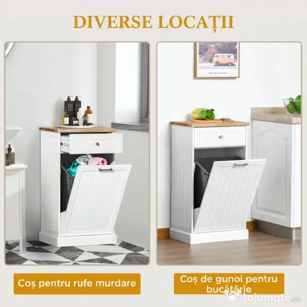 HOMCOM Bufet de Bucătărie, Dulap cu Suport pentru Coș de Gunoi 38L, Sertar, Alb