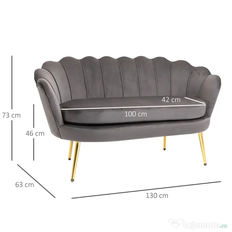 HOMCOM canapea din catifea, 2 locuri,130x63x73cm, gri