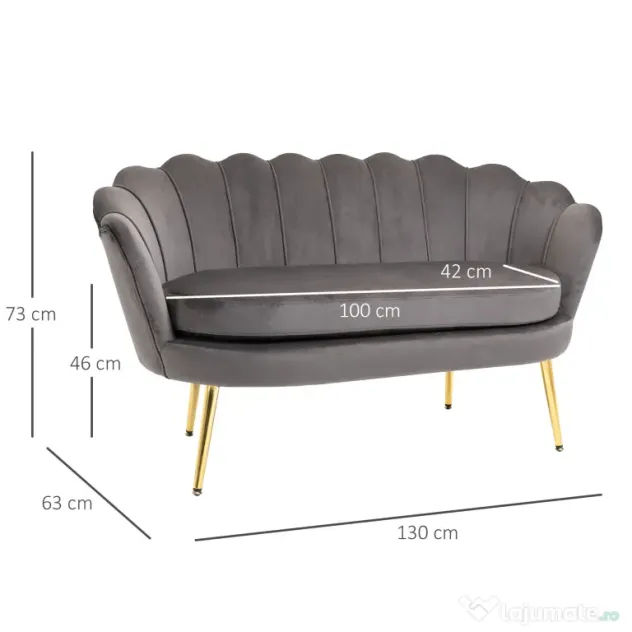 HOMCOM canapea din catifea, 2 locuri,130x63x73cm, gri