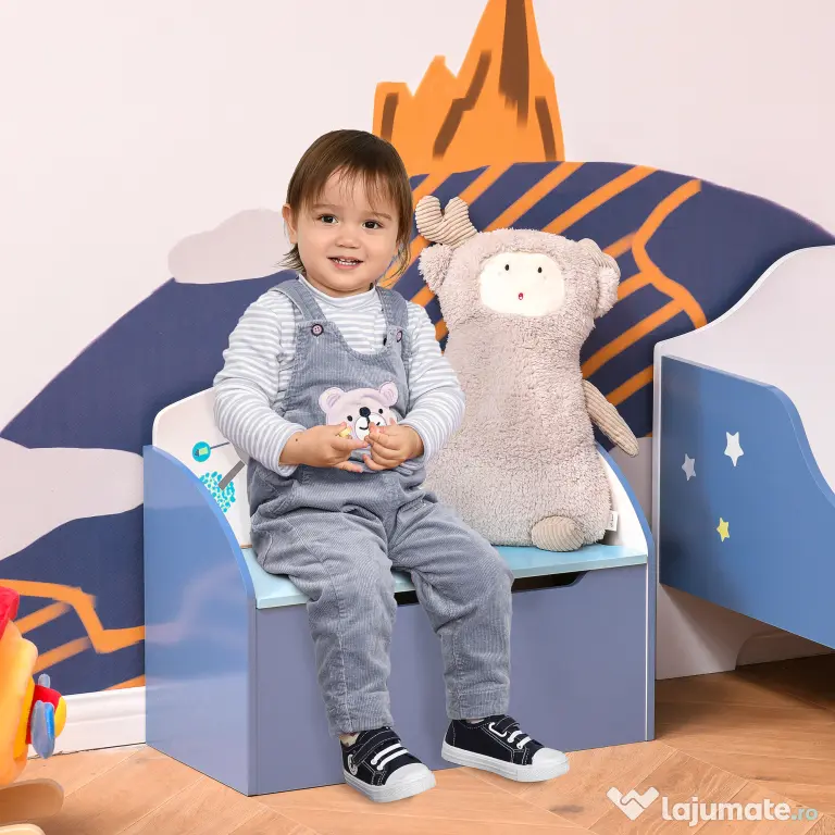Homcom Cutie Depozitare Jucarii + Banca Albastru pentru Copii