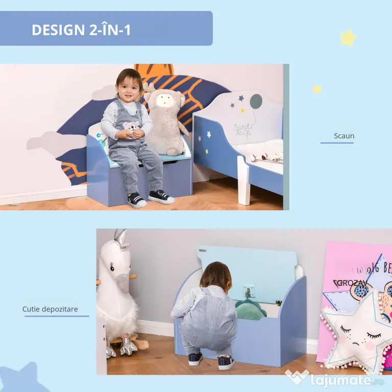 Homcom Cutie Depozitare Jucarii + Banca Albastru pentru Copii
