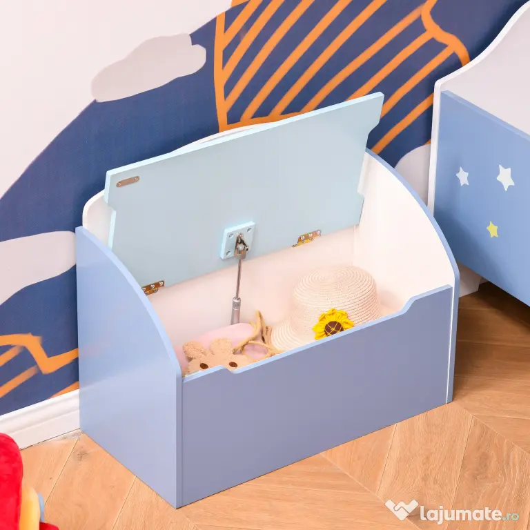 Homcom Cutie Depozitare Jucarii + Banca Albastru pentru Copii