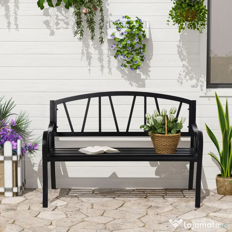 Outsunny Banca de Gradina din Metal Negru cu 2 Locuri Banca de Exterior