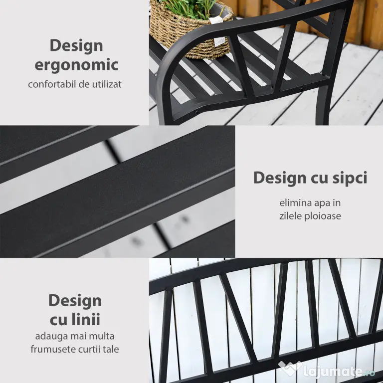 Outsunny Banca de Gradina din Metal Negru cu 2 Locuri Banca de Exterior