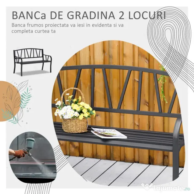 Outsunny Banca de Gradina din Metal Negru cu 2 Locuri Banca de Exterior