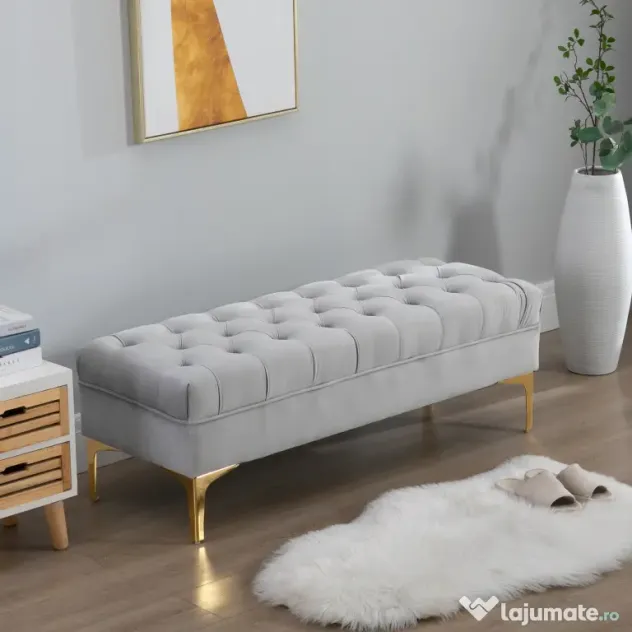 Homcom Bancă Capitonată din Țesătură Catifelată pentru Dormitor & Hol, Bancă Elegantă la Capătul Patului cu Picioare Metalice