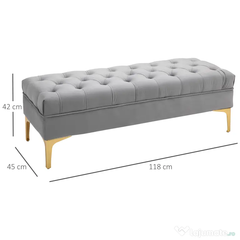 Homcom Bancă Capitonată din Țesătură Catifelată pentru Dormitor & Hol, Bancă Elegantă la Capătul Patului cu Picioare Metalice