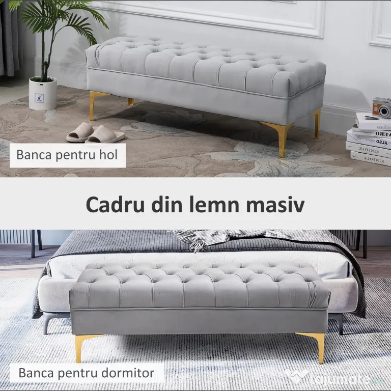 Homcom Bancă Capitonată din Țesătură Catifelată pentru Dormitor & Hol, Bancă Elegantă la Capătul Patului cu Picioare Metalice