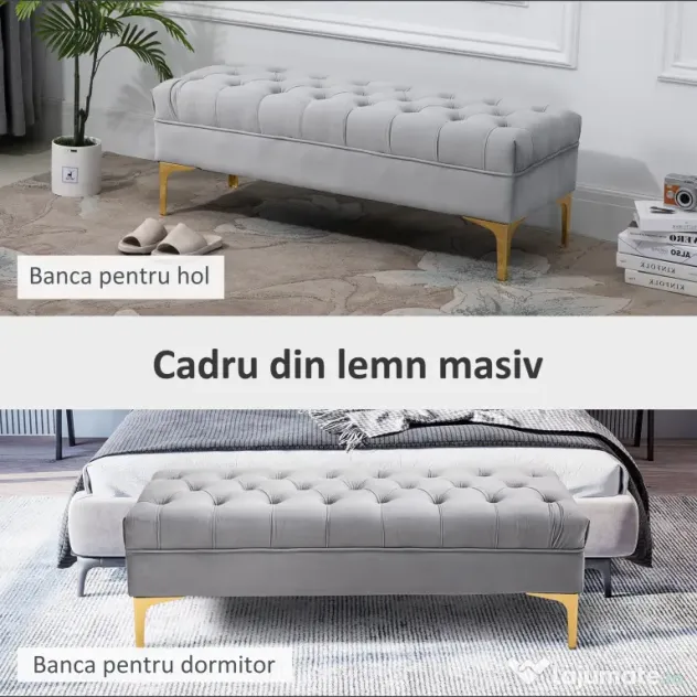 Homcom Bancă Capitonată din Țesătură Catifelată pentru Dormitor & Hol, Bancă Elegantă la Capătul Patului cu Picioare Metalice