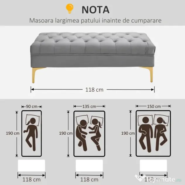 Homcom Bancă Capitonată din Țesătură Catifelată pentru Dormitor & Hol, Bancă Elegantă la Capătul Patului cu Picioare Metalice