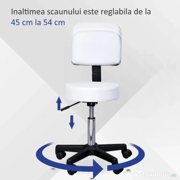 Homcom Taburet Bar – Alb, cu Spatar inalt & inaltime Reglabila
