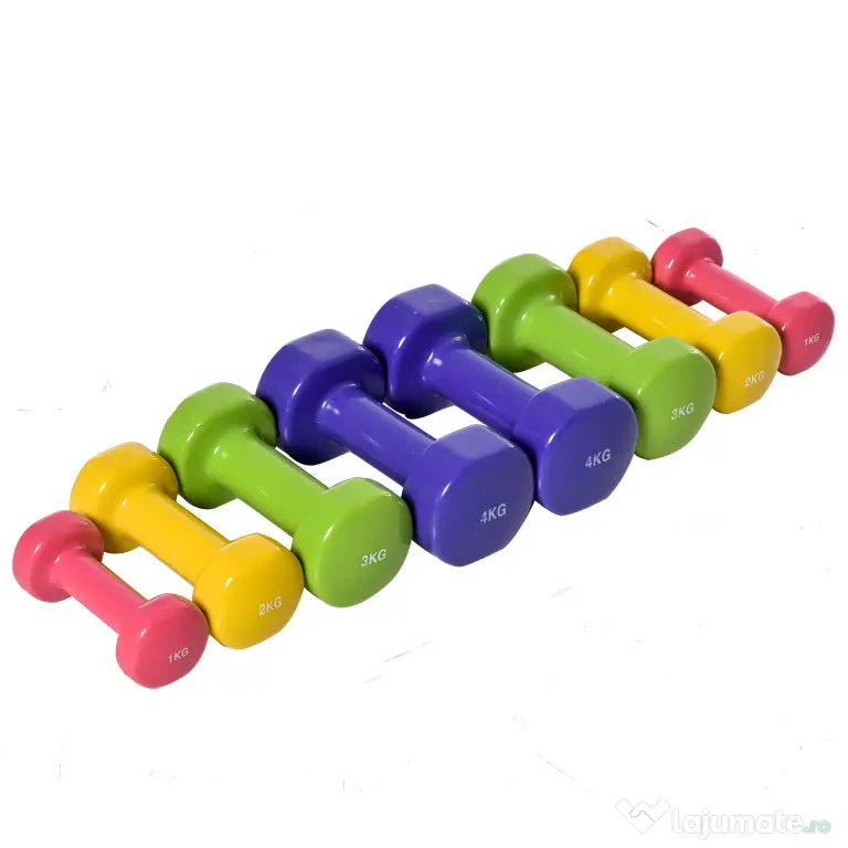 HOMCOM Set de 8 Gantere cu Design Hexagonal, Greutăți pentru Sală de Antrenament din Oțel și PU, Ø9x19,5 cm, Multicolore