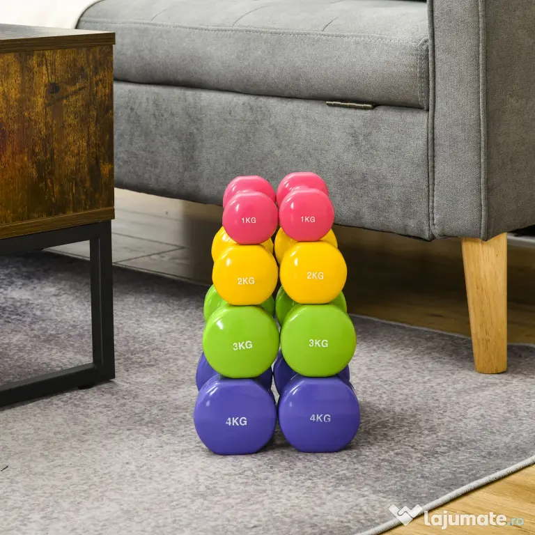 HOMCOM Set de 8 Gantere cu Design Hexagonal, Greutăți pentru Sală de Antrenament din Oțel și PU, Ø9x19,5 cm, Multicolore