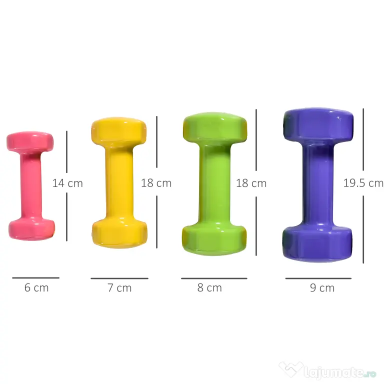 HOMCOM Set de 8 Gantere cu Design Hexagonal, Greutăți pentru Sală de Antrenament din Oțel și PU, Ø9x19,5 cm, Multicolore
