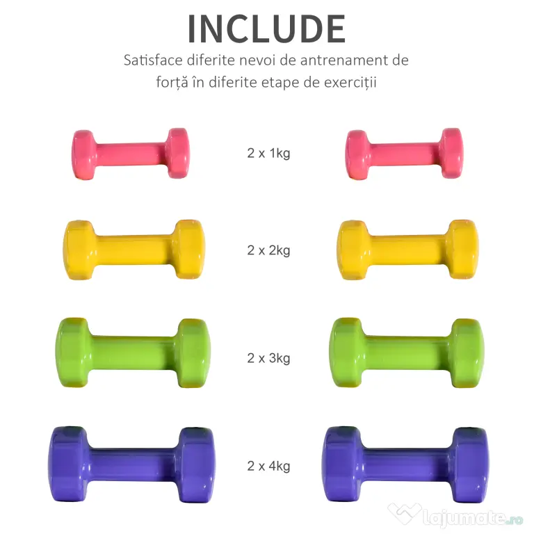 HOMCOM Set de 8 Gantere cu Design Hexagonal, Greutăți pentru Sală de Antrenament din Oțel și PU, Ø9x19,5 cm, Multicolore