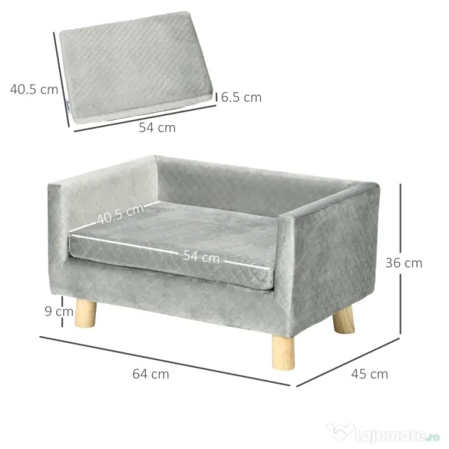 PawHut Canapea pentru câini și pisici stil scandinav cu pernă din catifea și lemn, 64x45x36cm, gri
