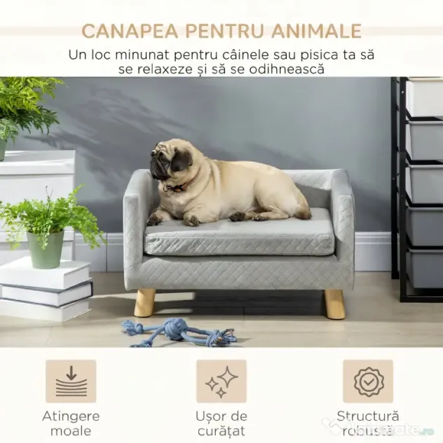 PawHut Canapea pentru câini și pisici stil scandinav cu pernă din catifea și lemn, 64x45x36cm, gri