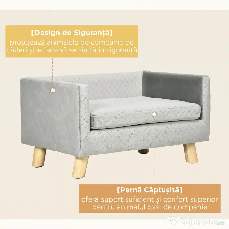 PawHut Canapea pentru câini și pisici stil scandinav cu pernă din catifea și lemn, 64x45x36cm, gri