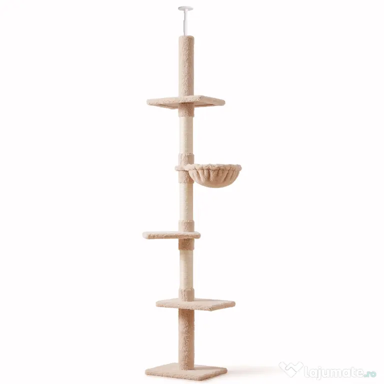 PawHut Arbore pentru Pisici Multietajat Reglabil pe Înălțime, cu Hamac și Înveliș de Pluș, 40x34x230-260cm, Bej
