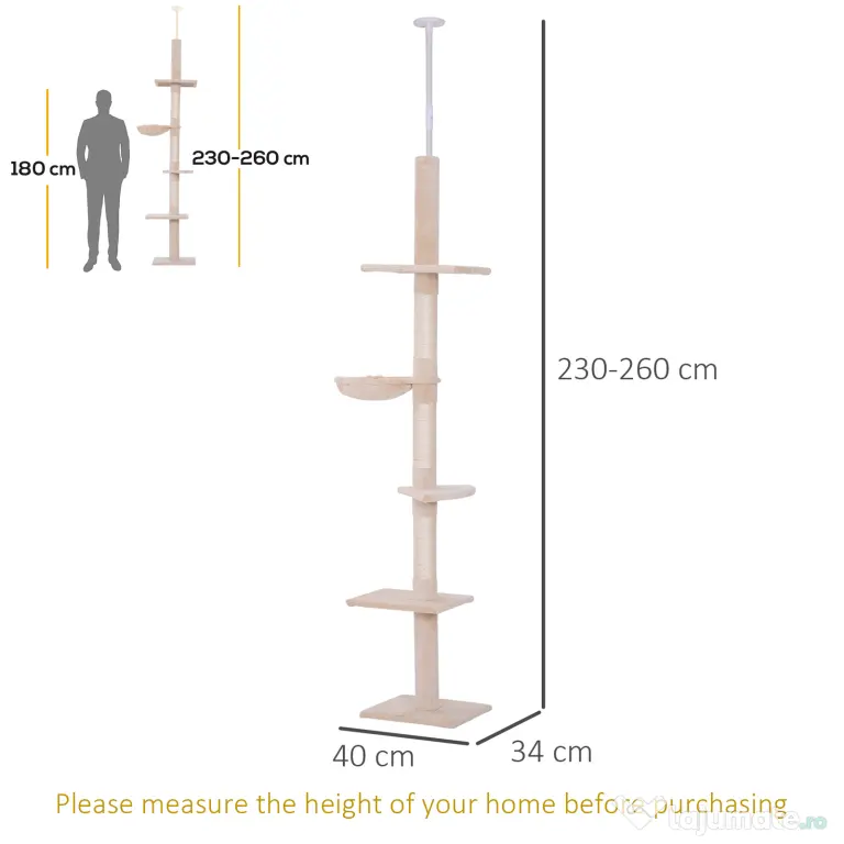 PawHut Arbore pentru Pisici Multietajat Reglabil pe Înălțime, cu Hamac și Înveliș de Pluș, 40x34x230-260cm, Bej