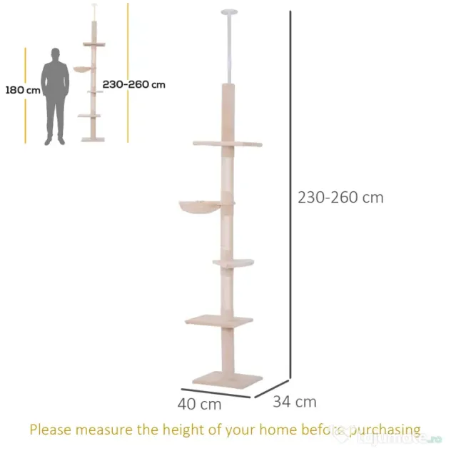 PawHut Arbore pentru Pisici Multietajat Reglabil pe Înălțime, cu Hamac și Înveliș de Pluș, 40x34x230-260cm, Bej
