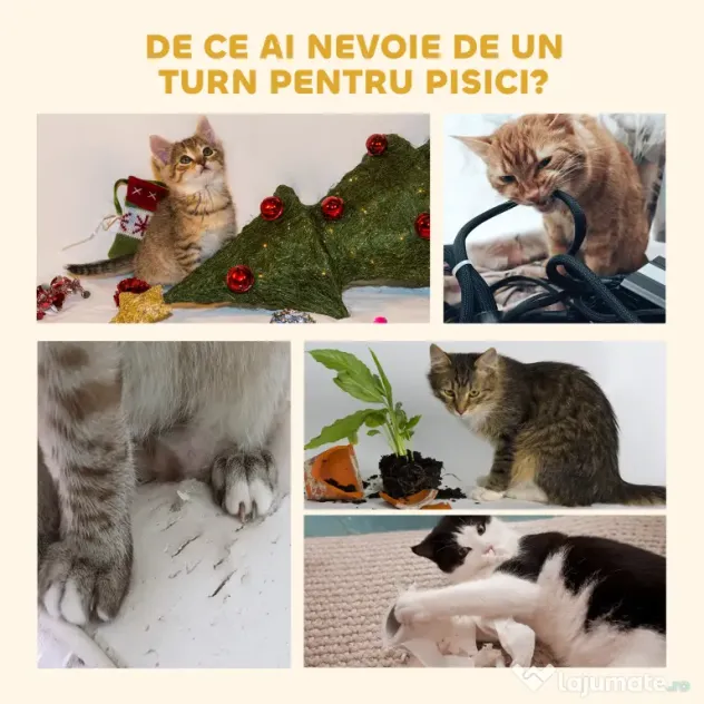 PawHut Arbore pentru Pisici Multietajat Reglabil pe Înălțime, cu Hamac și Înveliș de Pluș, 40x34x230-260cm, Bej