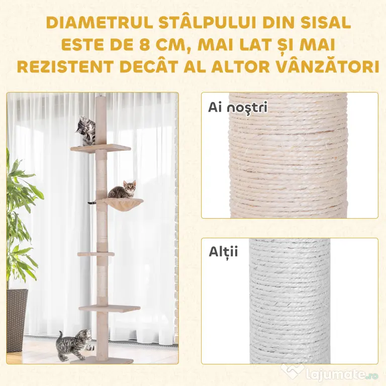 PawHut Arbore pentru Pisici Multietajat Reglabil pe Înălțime, cu Hamac și Înveliș de Pluș, 40x34x230-260cm, Bej