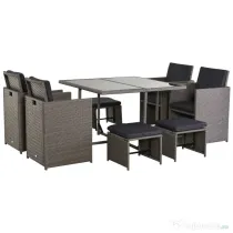 Outsunny Set Mobilier de Gradina Extern 9 bucati Masa cu 4 Scaune 4 Taburet in Rattan, Maro