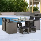 Outsunny Set Mobilier de Gradina Extern 9 bucati Masa cu 4 Scaune 4 Taburet in Rattan, Maro 