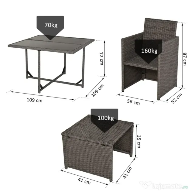 Outsunny Set Mobilier de Gradina Extern 9 bucati Masa cu 4 Scaune 4 Taburet in Rattan, Maro