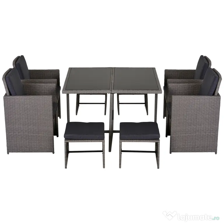 Outsunny Set Mobilier de Gradina Extern 9 bucati Masa cu 4 Scaune 4 Taburet in Rattan, Maro