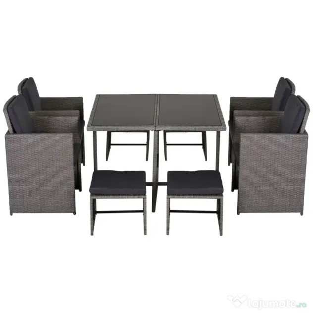 Outsunny Set Mobilier de Gradina Extern 9 bucati Masa cu 4 Scaune 4 Taburet in Rattan, Maro