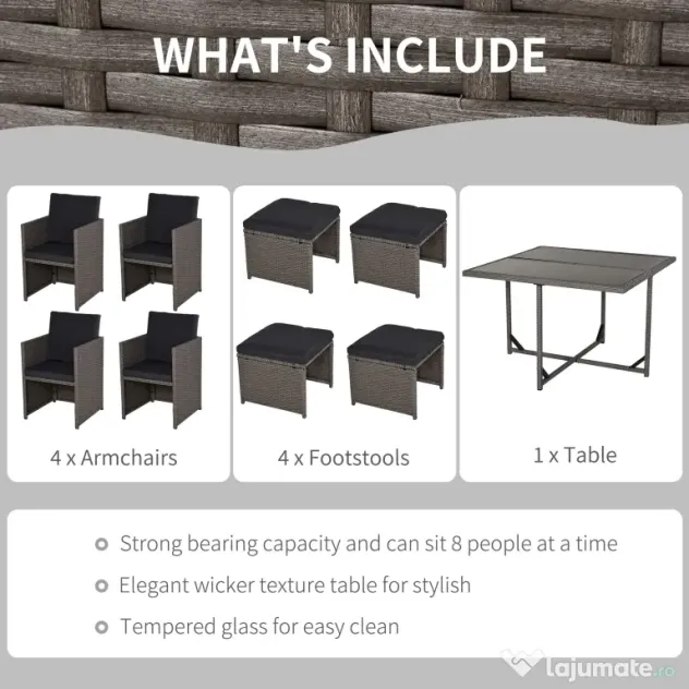 Outsunny Set Mobilier de Gradina Extern 9 bucati Masa cu 4 Scaune 4 Taburet in Rattan, Maro