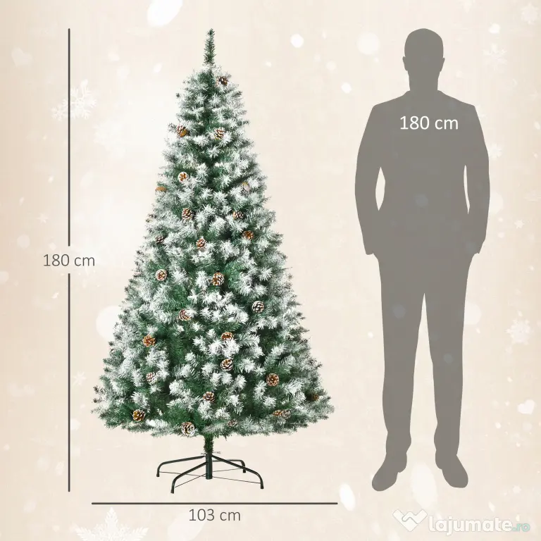 HOMCOM Brad de Crăciun Artificial Înzăpezit 180cm cu 800 de Crengi și Conuri, Deschidere Automată și Bază Pliabilă, Verde