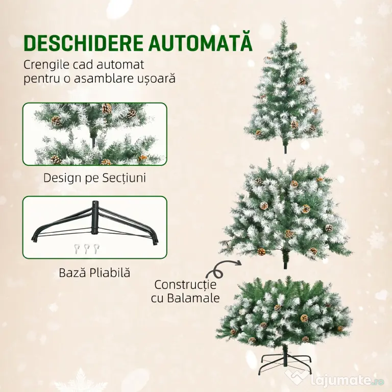 HOMCOM Brad de Crăciun Artificial Înzăpezit 180cm cu 800 de Crengi și Conuri, Deschidere Automată și Bază Pliabilă, Verde