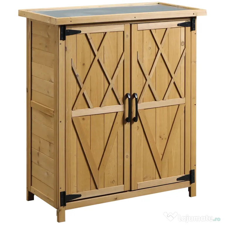 Outsunny Dulap de Grădină pentru Unelte din Lemn cu 2 Uși și 4 Rafturi, Blat din Metal, 75x40x90 cm