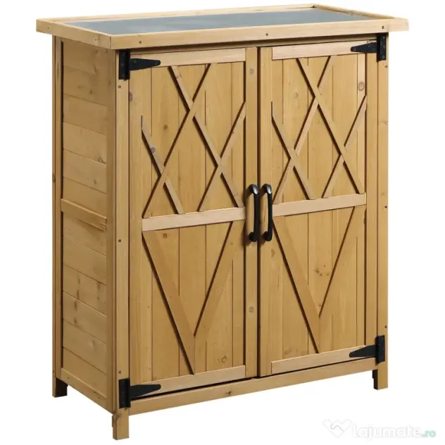 Outsunny Dulap de Grădină pentru Unelte din Lemn cu 2 Uși și 4 Rafturi, Blat din Metal, 75x40x90 cm