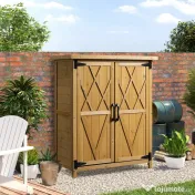 Outsunny Dulap de Grădină pentru Unelte din Lemn cu 2 Uși și 4 Rafturi, Blat din Metal, 75x40x90 cm 