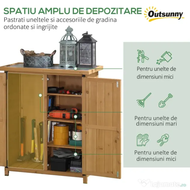 Outsunny Dulap de Grădină pentru Unelte din Lemn cu 2 Uși și 4 Rafturi, Blat din Metal, 75x40x90 cm