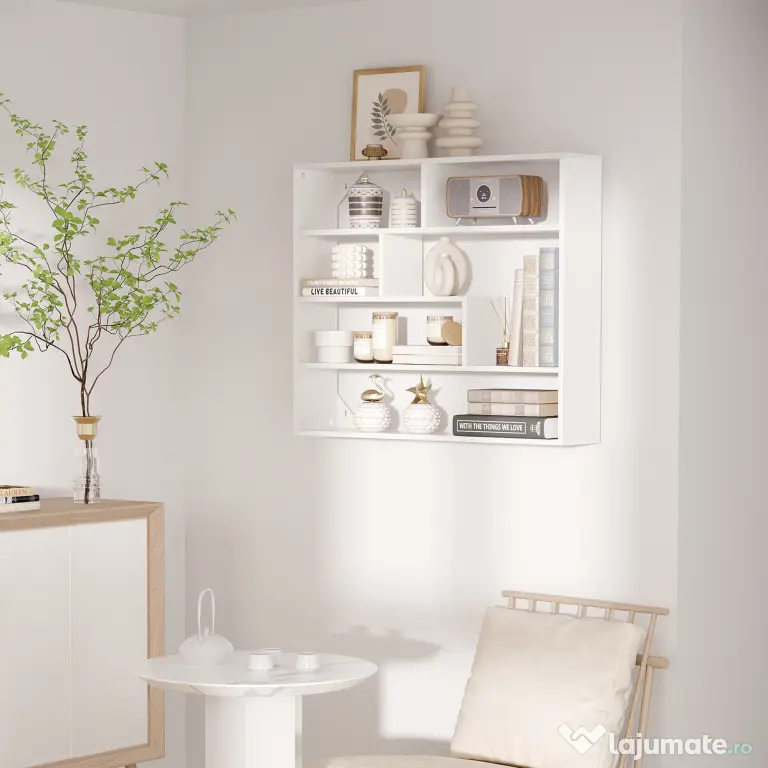 HOMCOM Biblioteca moderna de perete cu 4 niveluri , raft din lemn care economiseste spatiu pentru living si birou, 94x19,5x80cm, alb