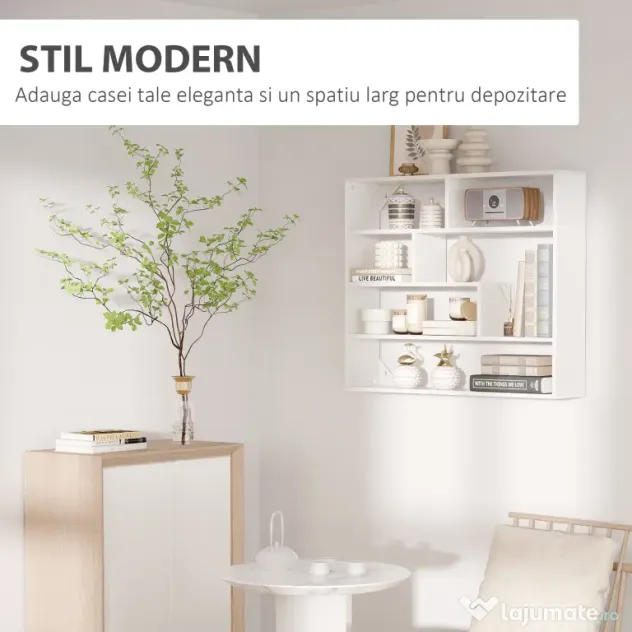 HOMCOM Biblioteca moderna de perete cu 4 niveluri , raft din lemn care economiseste spatiu pentru living si birou, 94x19,5x80cm, alb