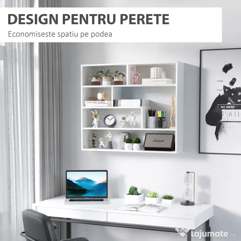 HOMCOM Biblioteca moderna de perete cu 4 niveluri , raft din lemn care economiseste spatiu pentru living si birou, 94x19,5x80cm, alb