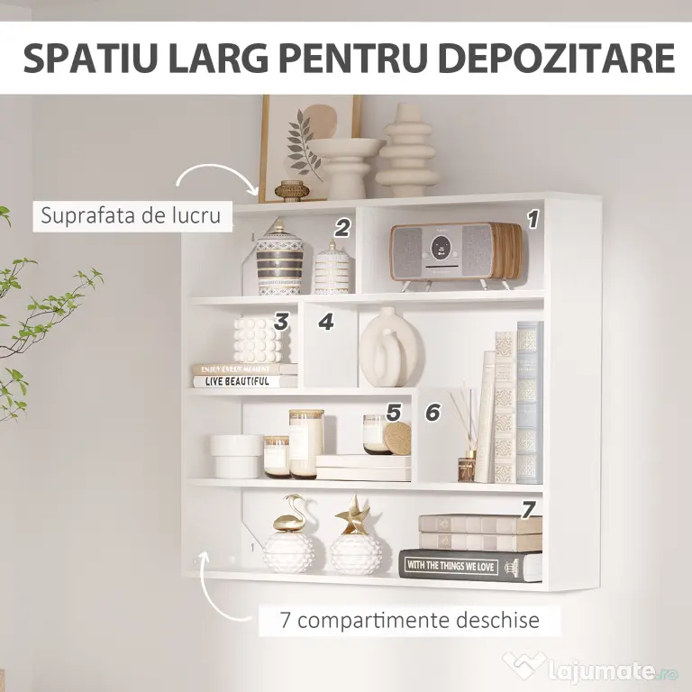 HOMCOM Biblioteca moderna de perete cu 4 niveluri , raft din lemn care economiseste spatiu pentru living si birou, 94x19,5x80cm, alb