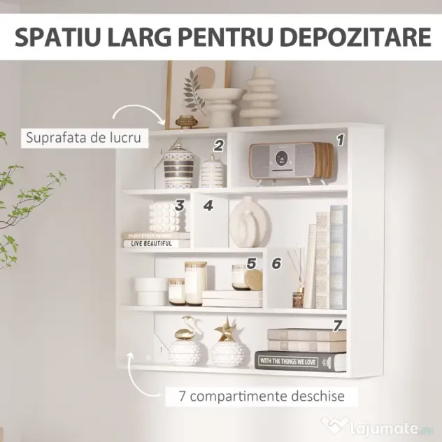 HOMCOM Biblioteca moderna de perete cu 4 niveluri , raft din lemn care economiseste spatiu pentru living si birou, 94x19,5x80cm, alb